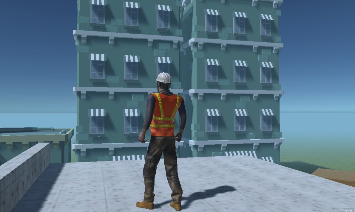 A screenshot of a computer game showing a builder on top of a high rise building